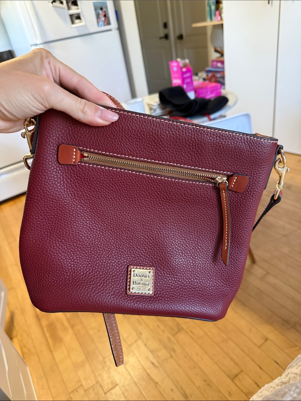 Dooney & Bourke Burgundy Pebble Leather Crossbody with Tan Trim